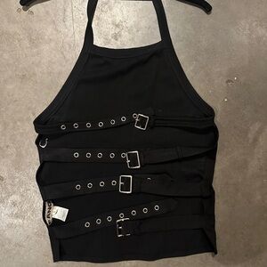 Unisex Black Halter Top w/ back buckle straps